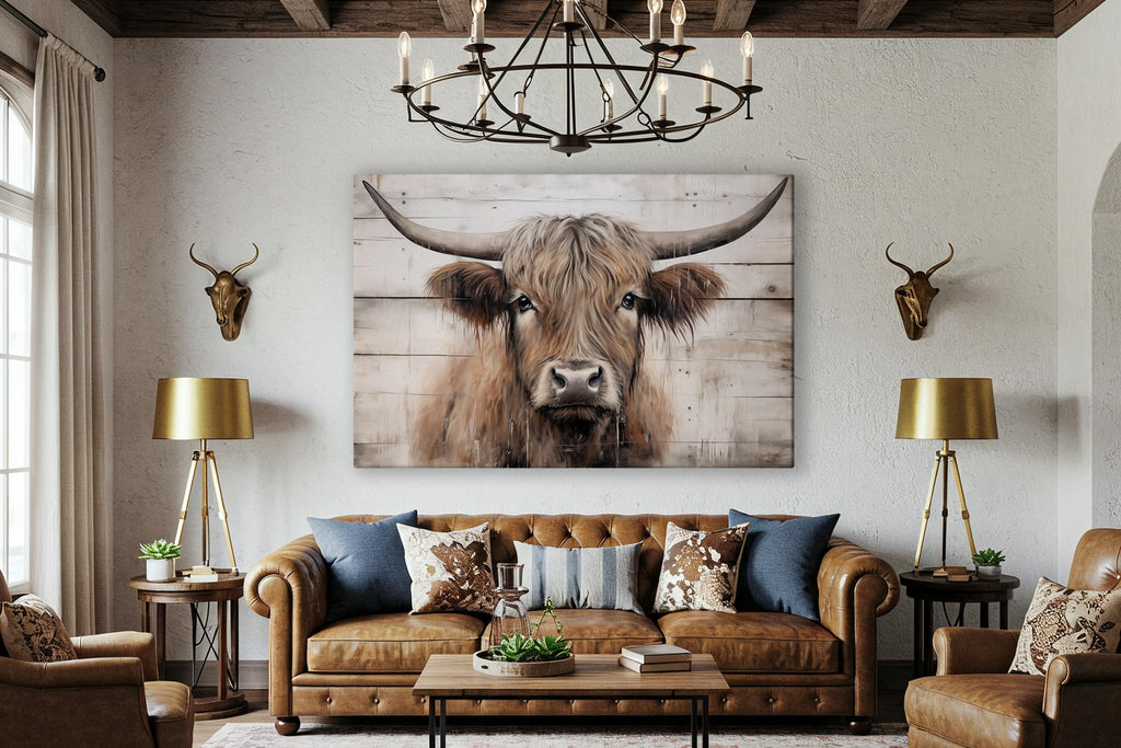 Texas Longhorn Cow Canvas Wall Art - Bull Print Home Decor - Barnhouse Wall Art - Farmhouse and Wild West Small to