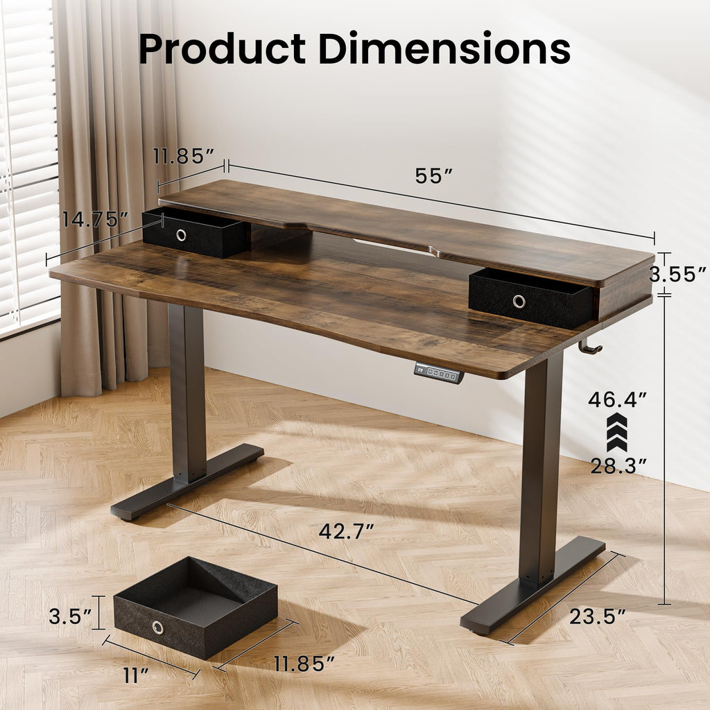 55x26 Inch Electric Standing Desk with Drawers, Rustic Walnut