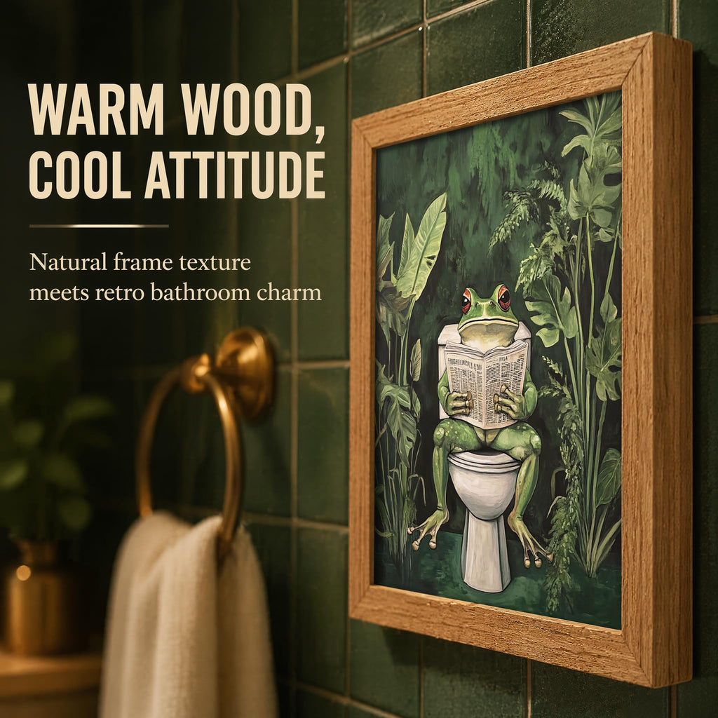 Funny Bathroom Canvas Wall Art Framed Frog on Toilet Reading Newspaper Wall Decor Tropical Green Plants Bathroom