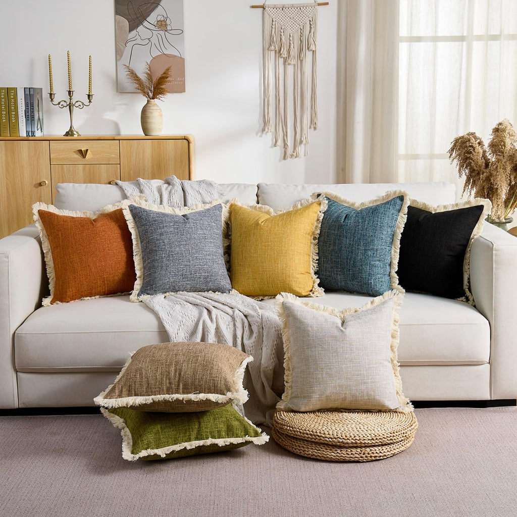 Boho Pillow Covers 16x16 Faux Linen Couch Pillow Covers with Fringe Farmhouse Rustic Decorative Pillows Case Black
