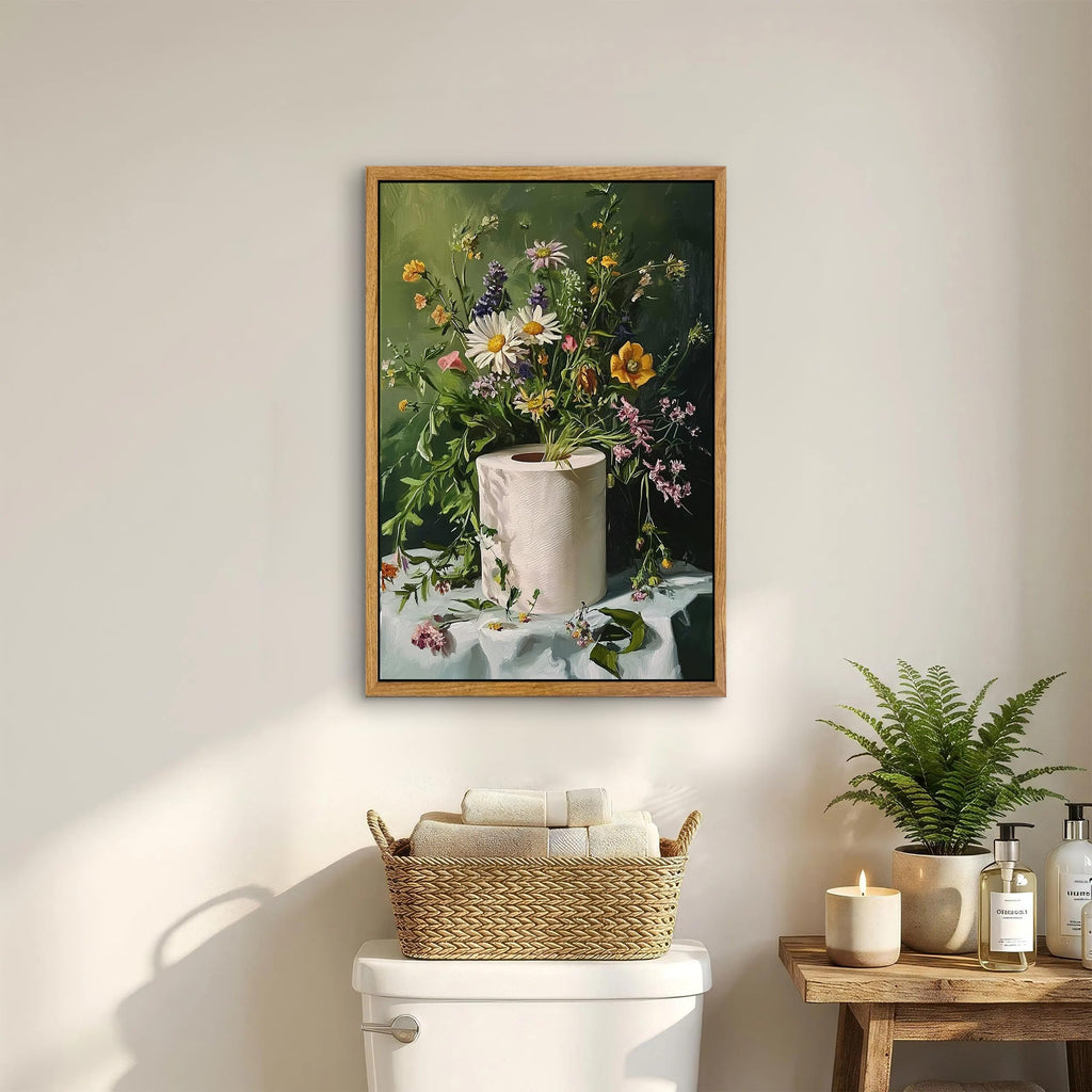 Framed Funny Bathroom Wall Art, 16 * 24 Inches, Toilet Paper Floral Wall Decor, Vintage Botanical Canvas Print