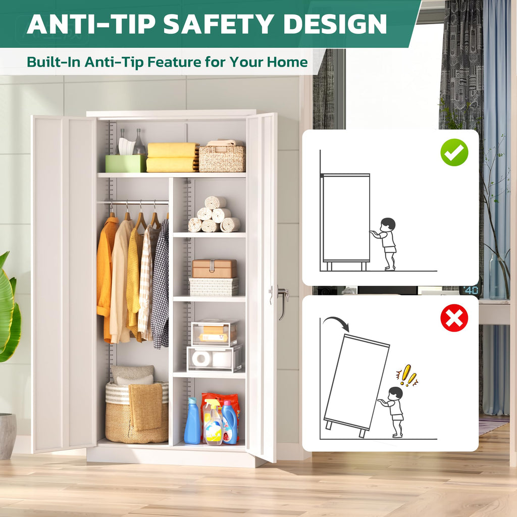 Metal Wardrobe Cabinet with Locking Doors, 72"H White Metal Wardrobe Closet with Hanging Rods and Adjustable Shelves