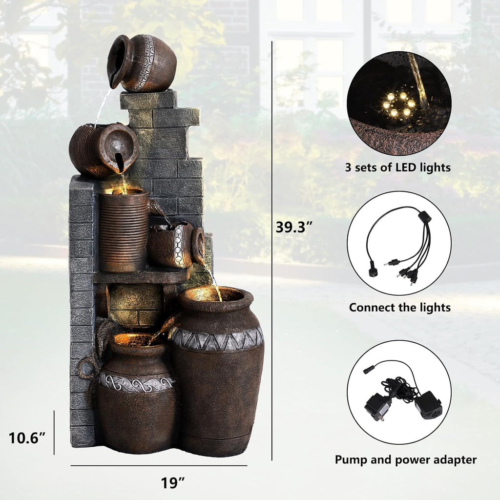 6-Tiers Outdoor Indoor Fountains Modern Resin Floor-Standing Cascading Water Feature Fountain with LED Lights