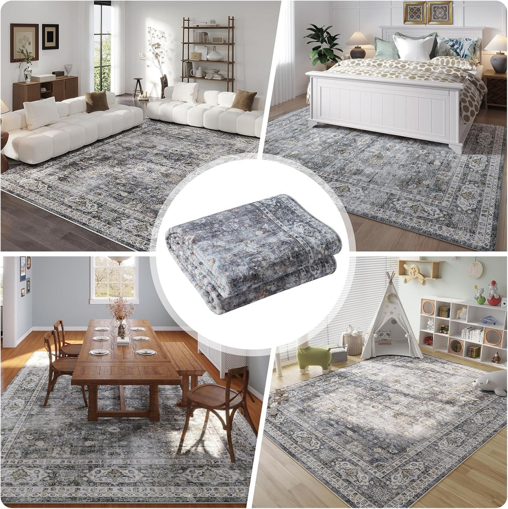 9x12 Rug Washable Boho Soft Large Area Rug Non-Slip Faux Wool Vintage Rug for Living Room, Farmhouse