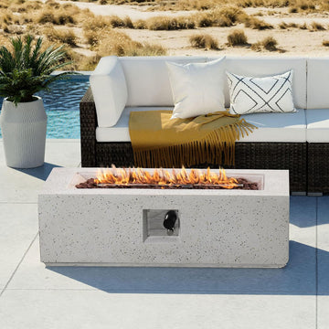 Outdoor Propane Fire Pit Coffee Table, 42-inch x 13-inch Terrazzo Rectangle Base Patio Heater w Certified, 50,000 BTU