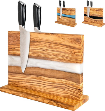 Magnetic Knife Block Stand - Italian Olive Wood Kitchen Knife Holder Rack with Resin Flow Design - Double Sided