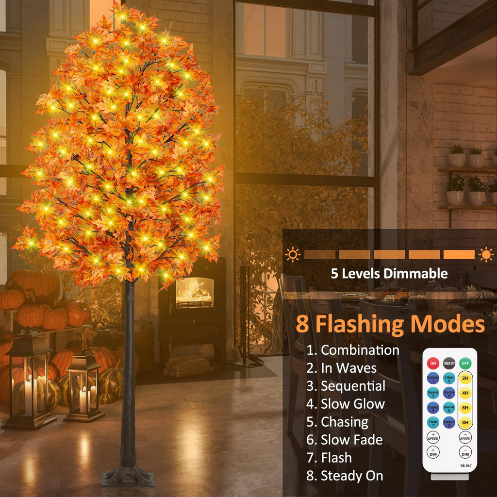 8FT Fall Maple Tree Light - Thanksgiving Decor Artificial Tree with 21 Acorn, Remote 8 Flashing Modes, Timing