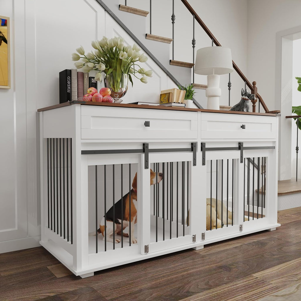 63" Large Dog Crate Furniture for 2 Dogs with Drawers and Sliding Door