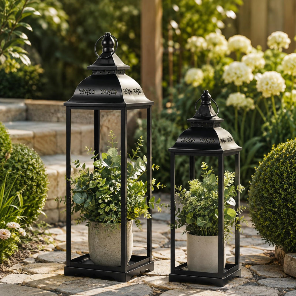 Large Candle Lanterns Set of 2, Black Lanterns Decorative Indoor Outdoor