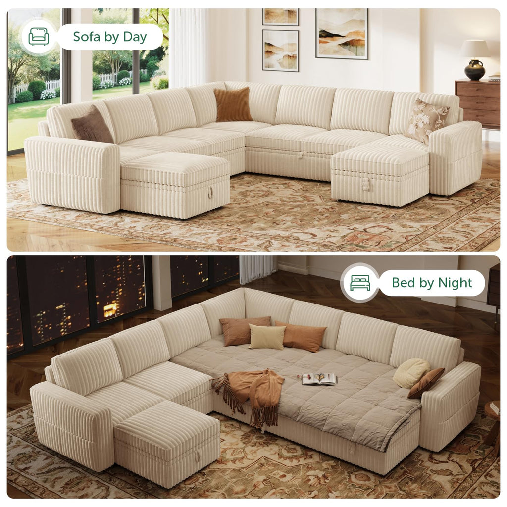 Oversized Corduroy Sleeper Sectional Sofa with Pull Out Bed, Beige