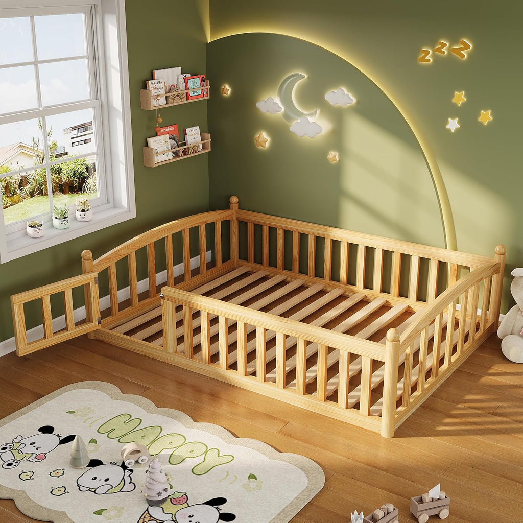 Floor Bed with High Rails, Montessori Bed Frame with Wood Slats and Door, Montessori Floor Bed for Kids