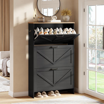 Shoe Storage Organizer with 3 Flip Drawers, Freestanding Fluted Accent Narrow Shoe Rack, Farmhouse Shoe Cabinet with