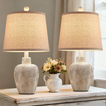 Rustic Farmhouse Table Lamps Set of 2 Small 21" Country Cottage Coastal Bedside Lamps with Retro White Finish