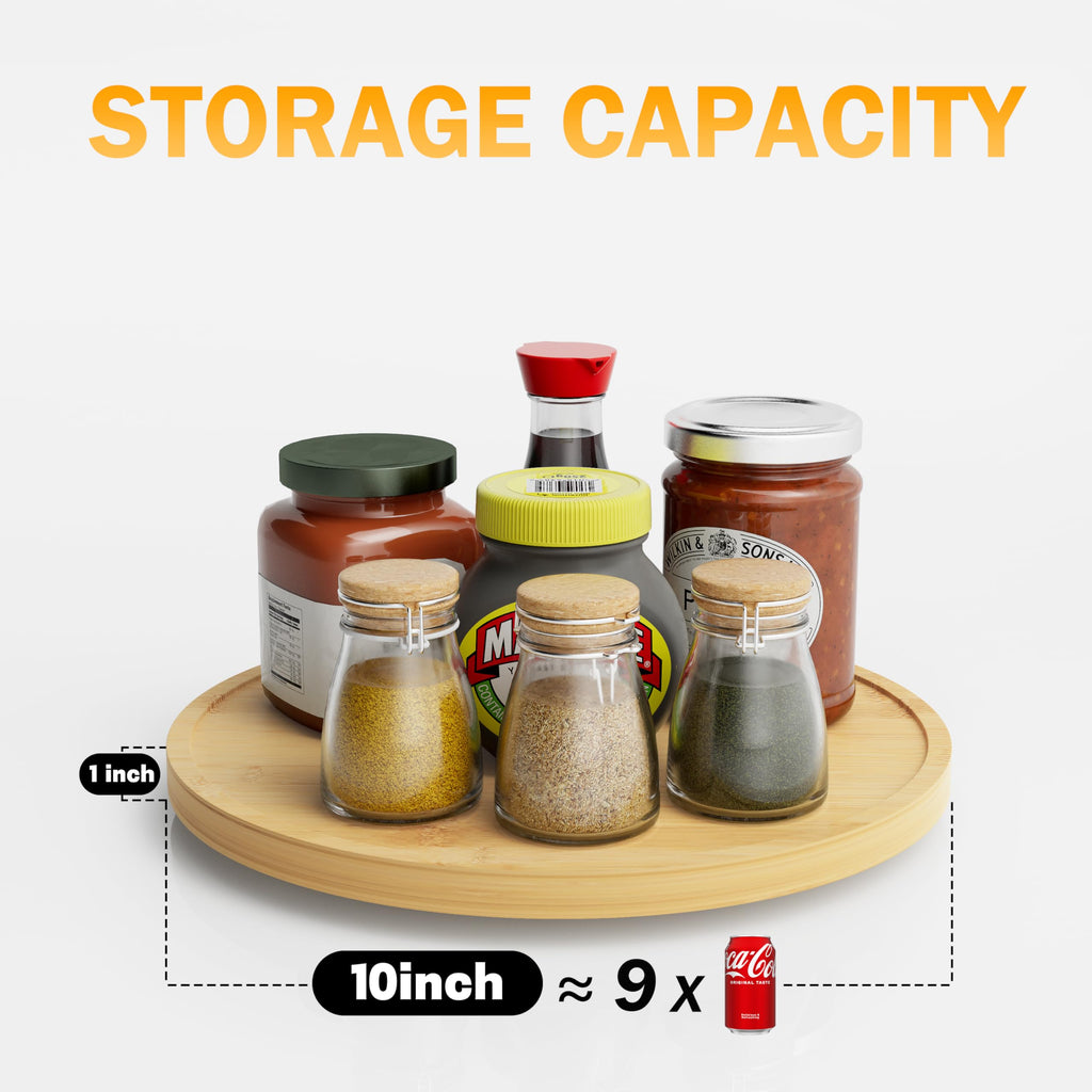 Lazy Susan Organizer 10 Inch Non-Skid Bamboo Lazy Susan Rotating Spice Rack Cabinet, Wood Turntable Countertop