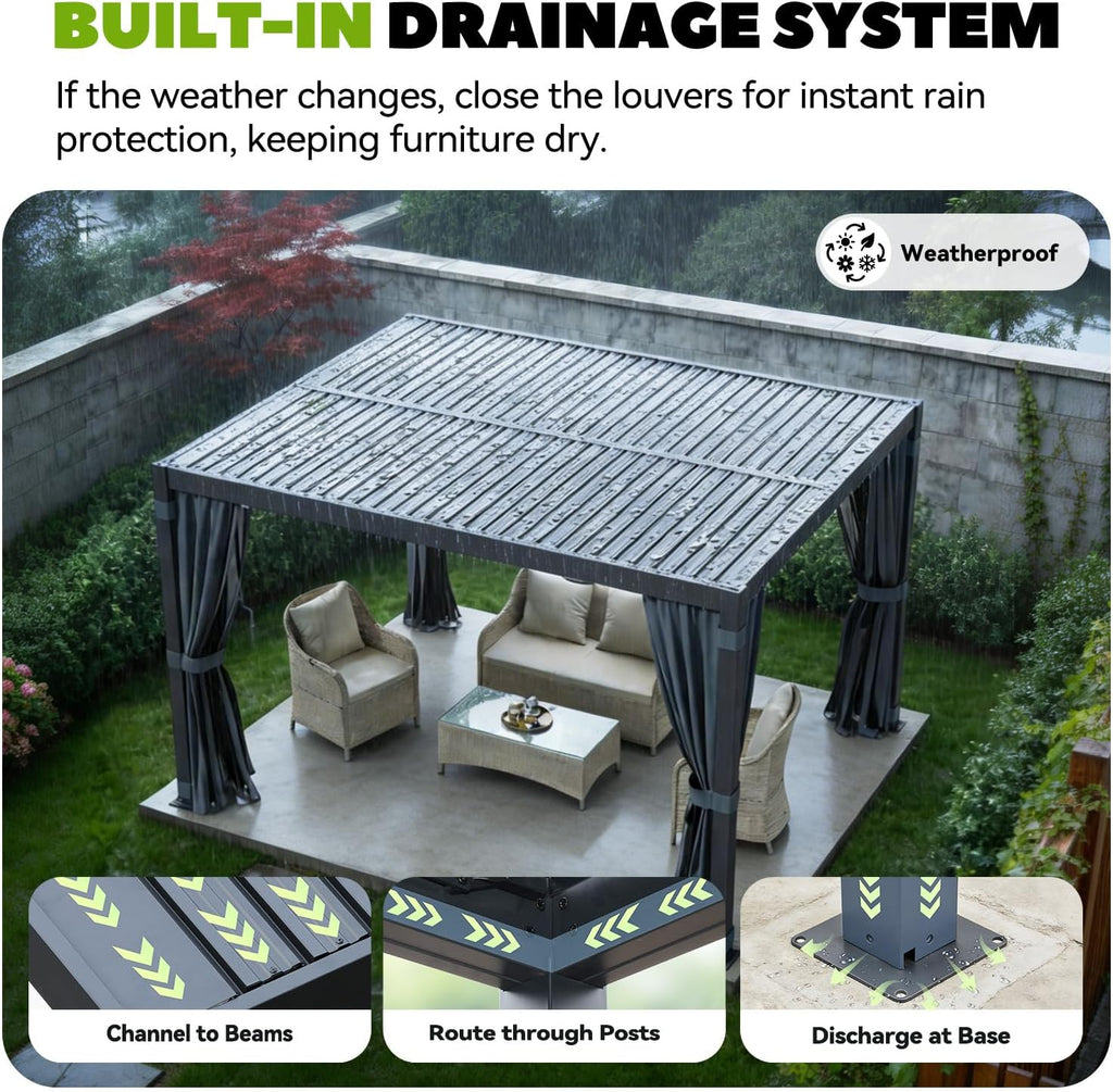 Louvered Pergola 10x12, Outdoor Rustproof Shelter with Adjustable Roof