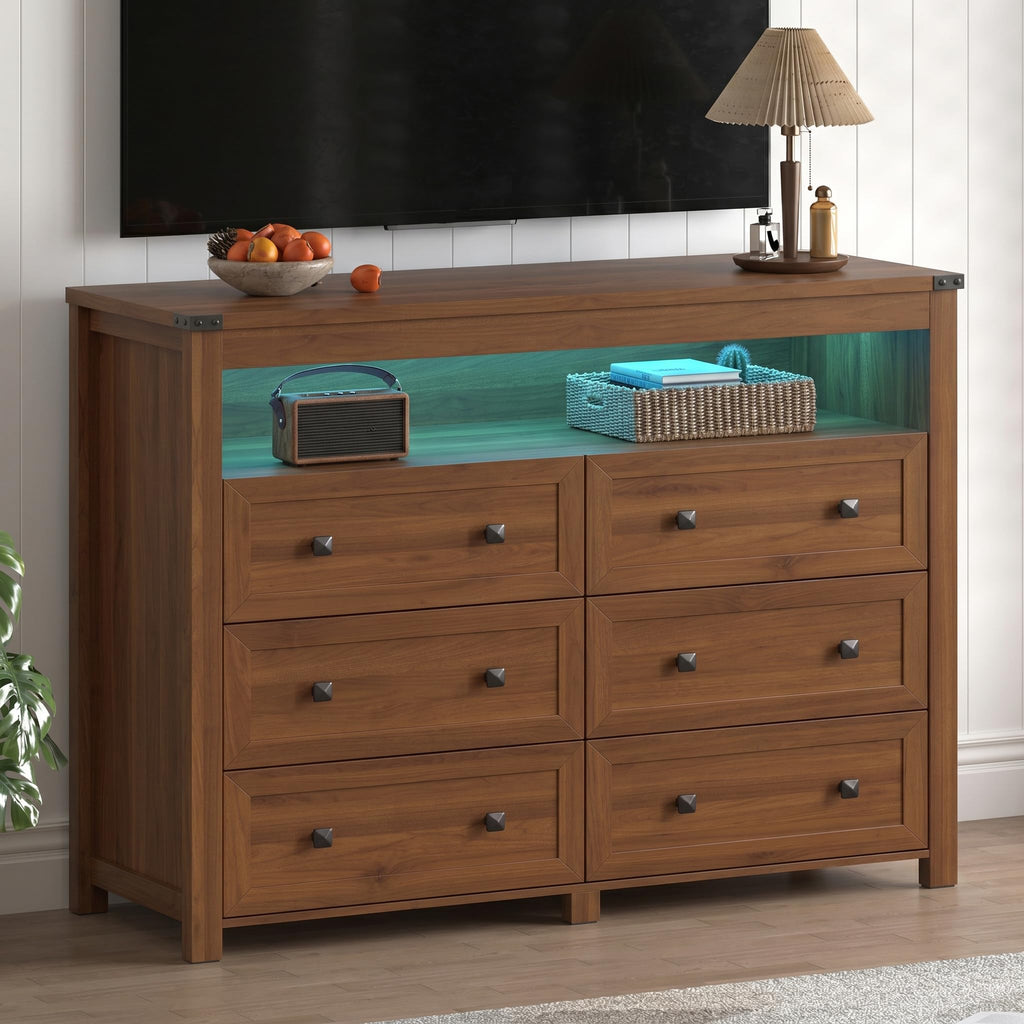 Dresser with 6 Drawers, LED Lights, Power Outlet, Walnut