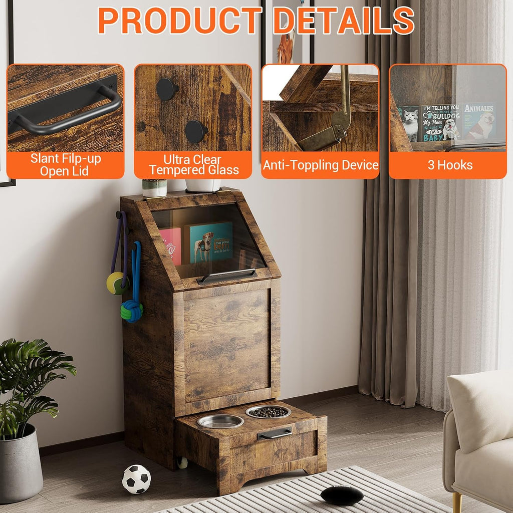 Top Opening Dog Feeding Station, Wooden Dog Food Storage Cabinet with 2 Elevated Dog Bowls, 3 Hooks, Hidden Design