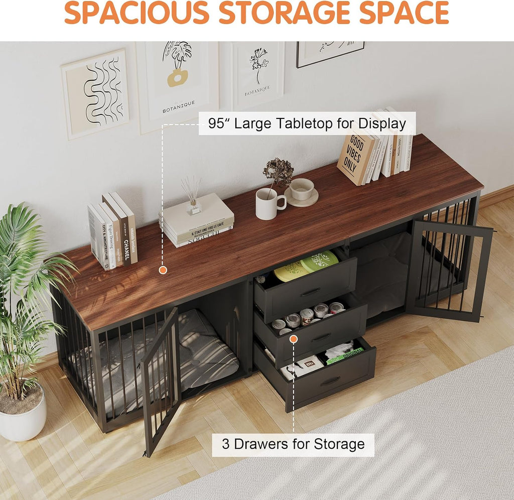 Dog Crate Furniture, Indoor Wooden Farmhouse Dog Kennel Furniture with 3 Drawers & 2 Lockable Doors