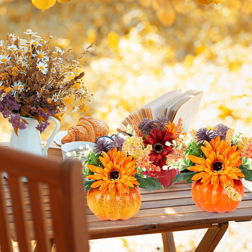 Mini Fall Pumpkin with Artificial Flower Decorations Thanksgiving Sunflower Centerpieces for Tables Harvest - Set of 6