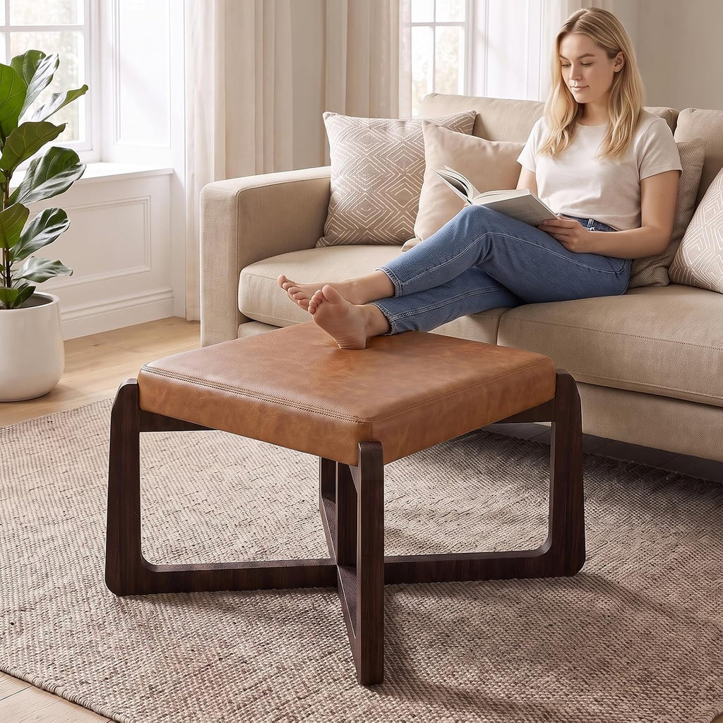 Faux Leather Square Coffee Table Ottoman,24" Coffee Table Ottoman,Ash Wood Living Room Table (Brown)