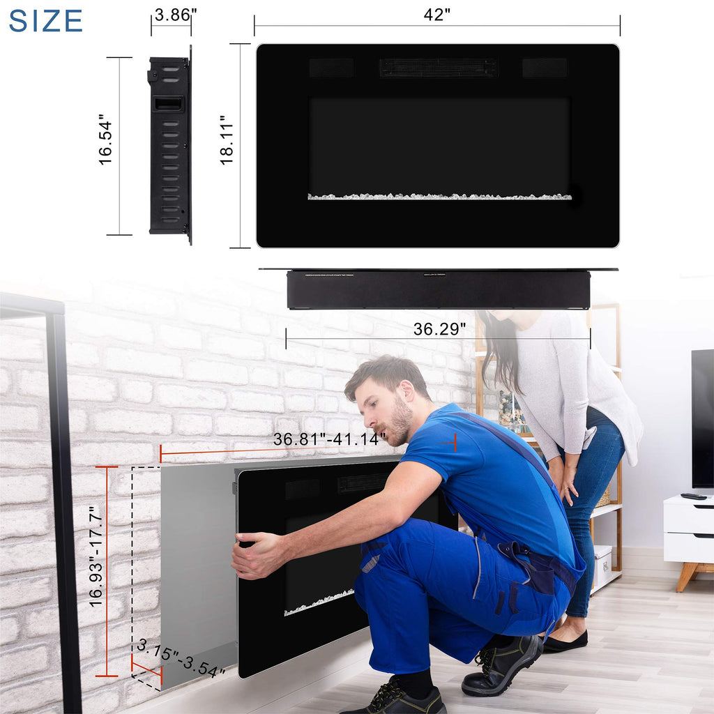 42" Fireplace in-Wall Recessed and Wall Mounted 1500W Heater and Linear Fireplace with Timer/Multicolor Flames/Touch