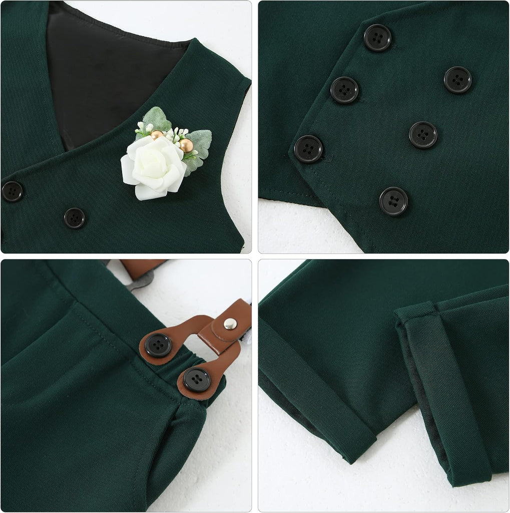 Toddler Baby Boy Clothes Suit Gentleman Wedding Outfits, Formal Dress Shirt+Bowtie+Vest+Boutonniere+Suspender Pants
