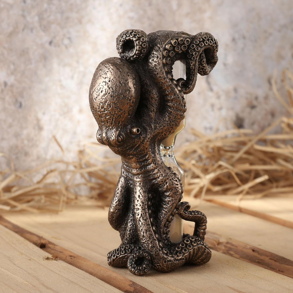 4 1/2 Inch Octopus Hourglass 5 Minutes Gold Colored Sand Timer Cold Cast Bronzed Resin Sculpture