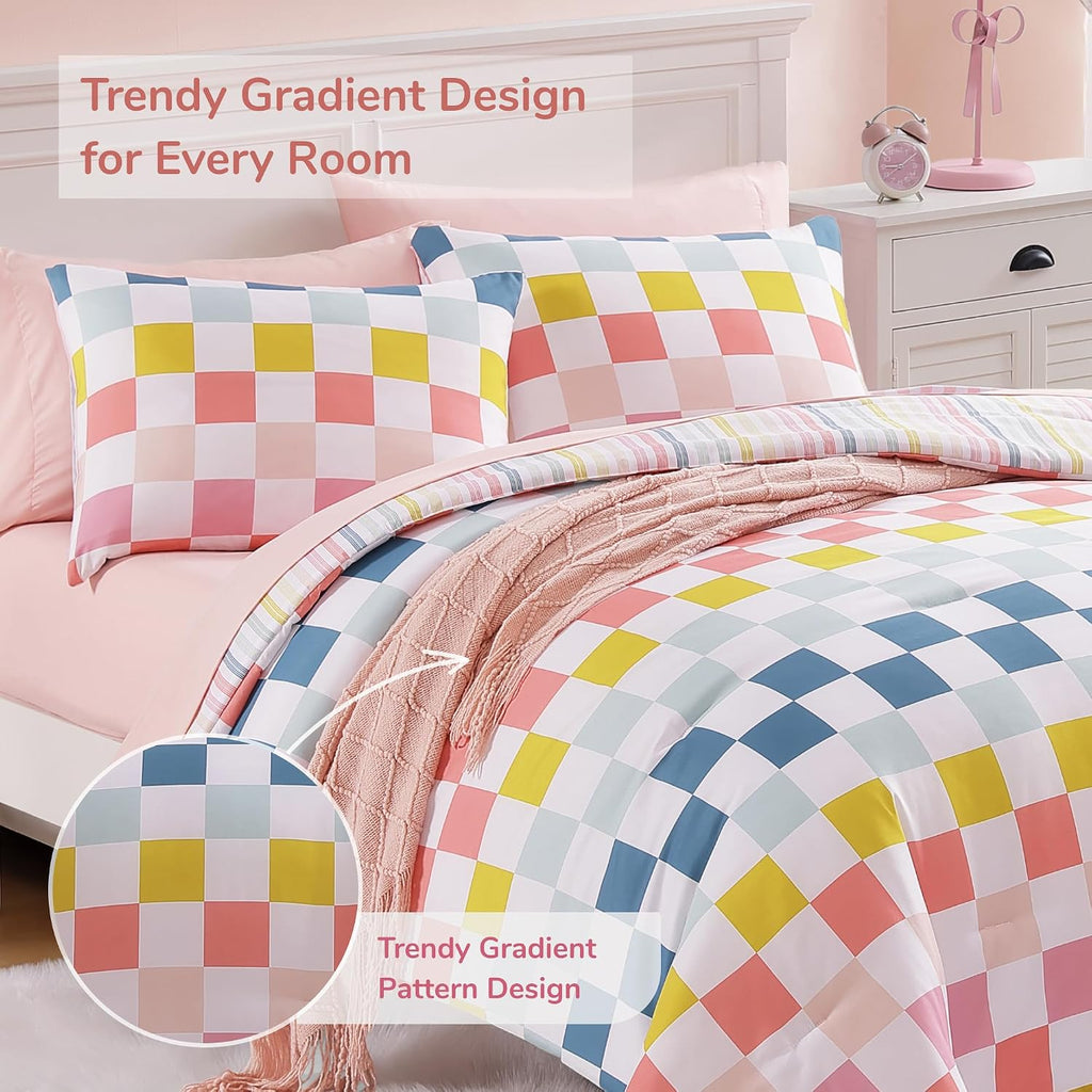 Full Comforter Set for Girls-7 Pieces Colorful Checkered Full Bedding Sets for Kids, Soft Bed in A Bag with Striped