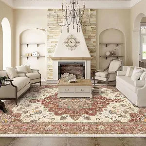 Washable Oriental Area Rug - 9x12 Rugs Soft Carpet Waterproof Floral Distressed Indoor Stain Resistant Non-Shedding