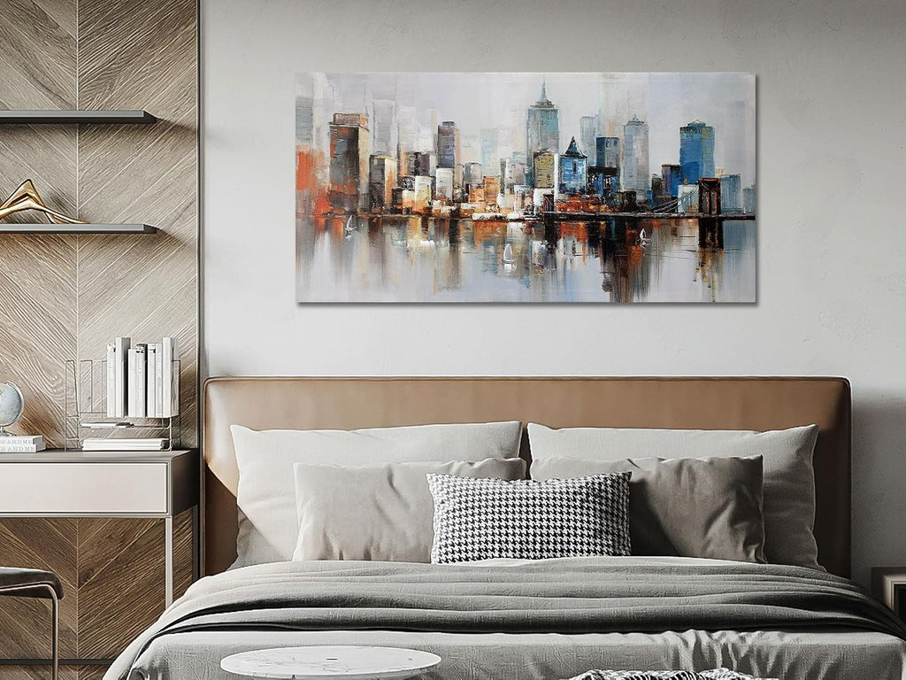 Brooklyn Bridge Wall Art Modern New York City Abstract Canvas Cityscape Painting Large Size Framed, Colorful NYC