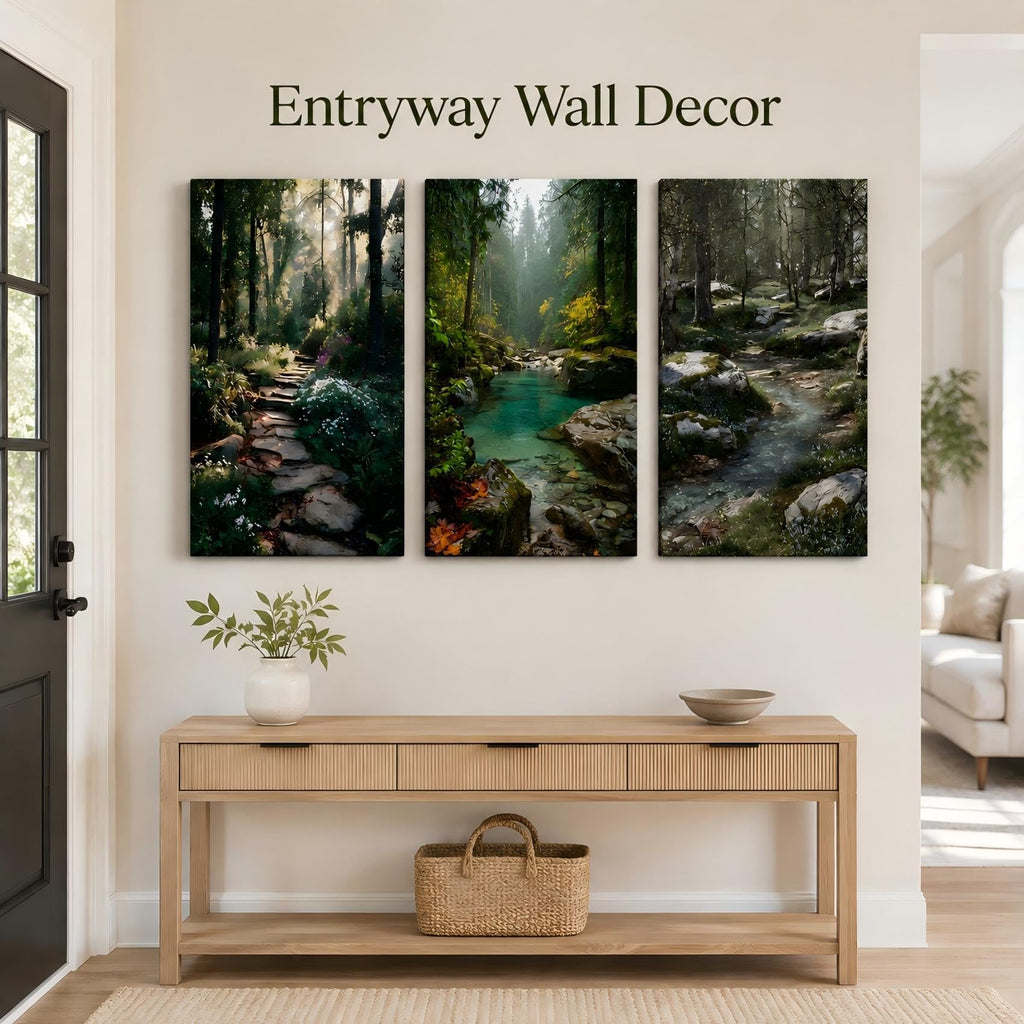 Framed 3‐Panel Canvas Wall Art, Lush Forest Stream Path Landscape Canvas Prints, Green Nature Scenery Woodland Creek