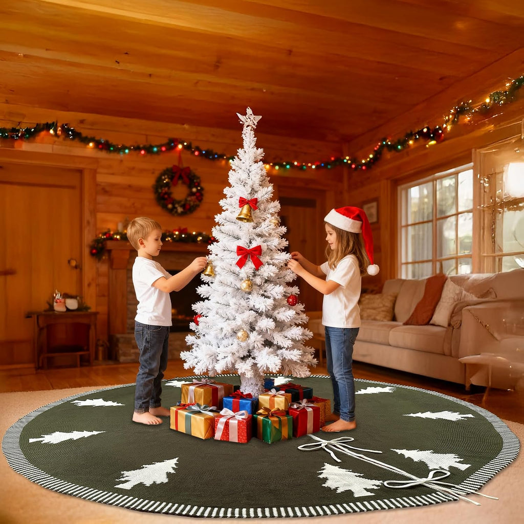 72 Inch Christmas Tree Skirt, Double-Sided Green and White Knit Tree Skirt with Xmas Tree Patterns Large Tree Skirt