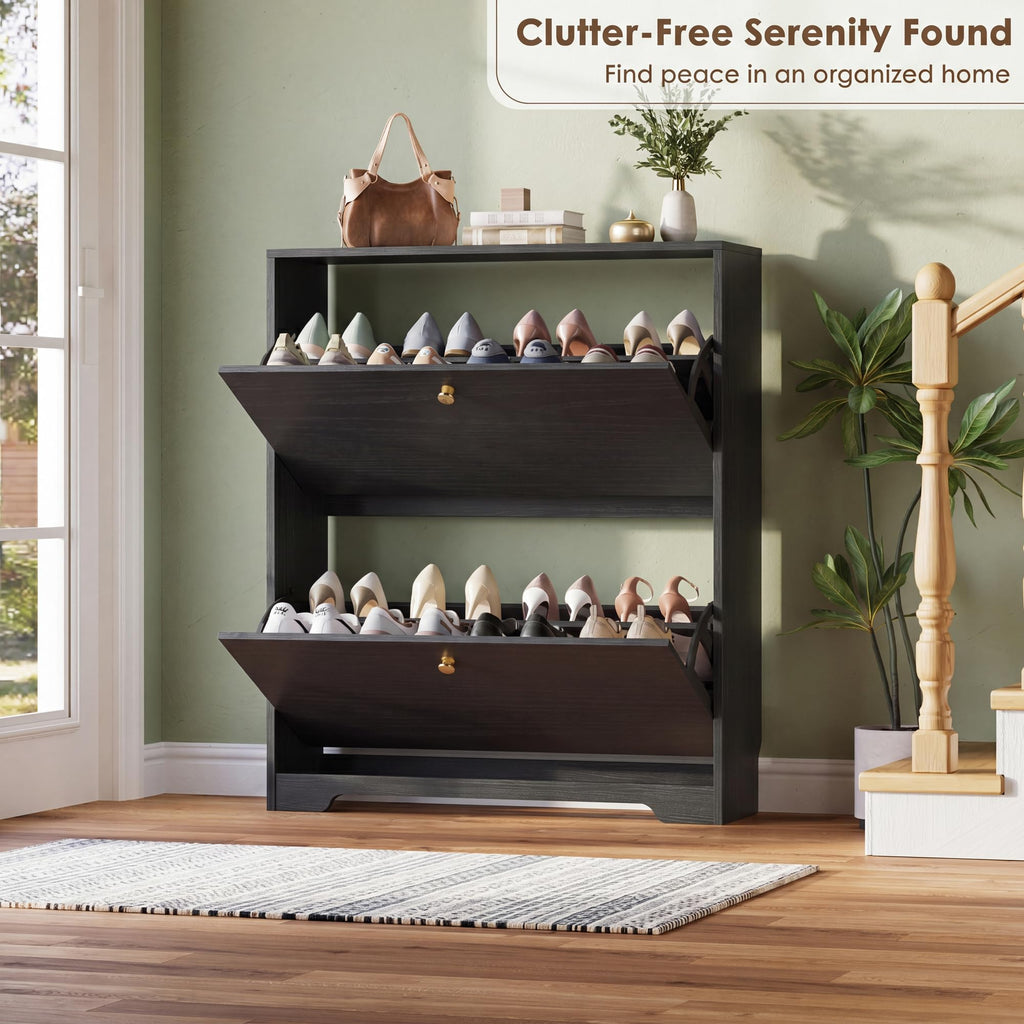 Shoe Cabinet with 2 Flip Drawers, Narrow Shoe Organizer Cabinet, Freestanding Shoe Rack Cabinet, Modern Shoe Storage
