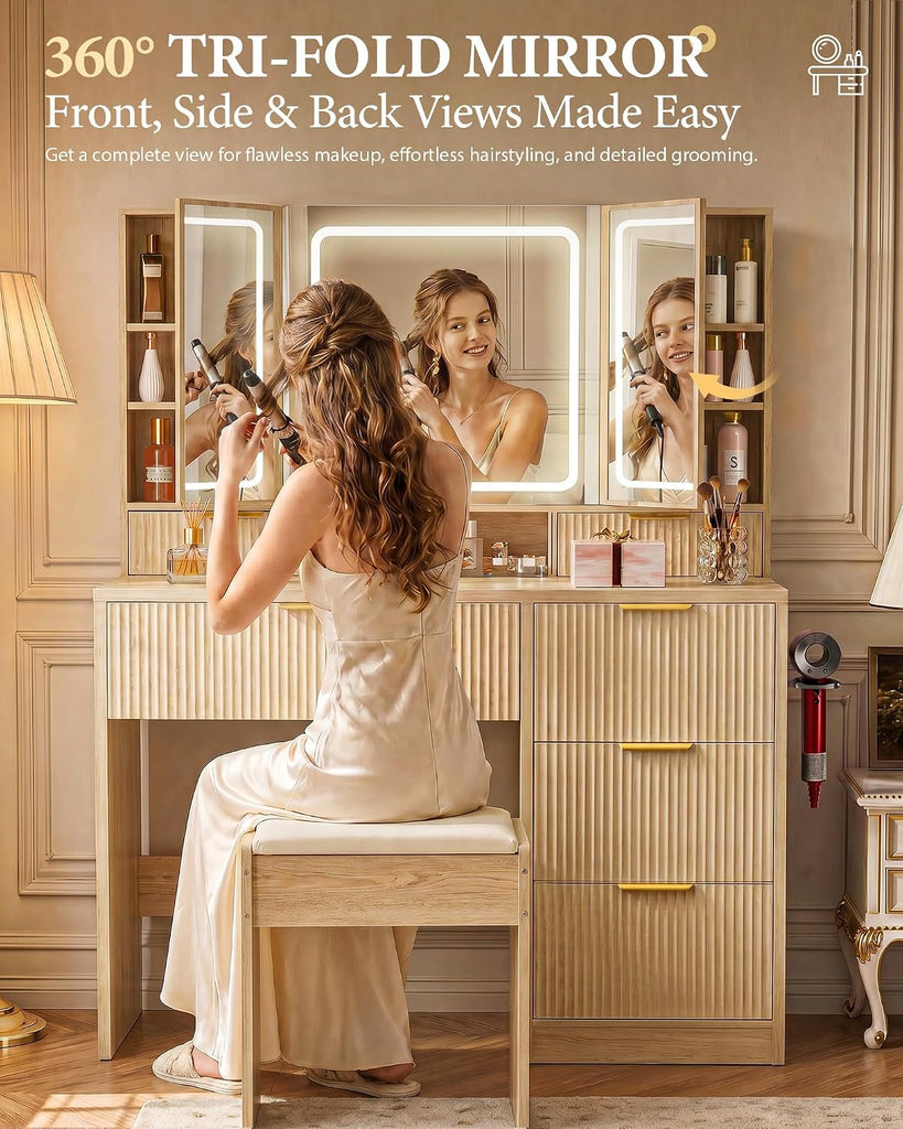 Vanity Desk with 3-Way Mirror and Lights, Makeup Vanity with 360° View Mirror, 3 Lighting Modes, 6 Drawers,Storage