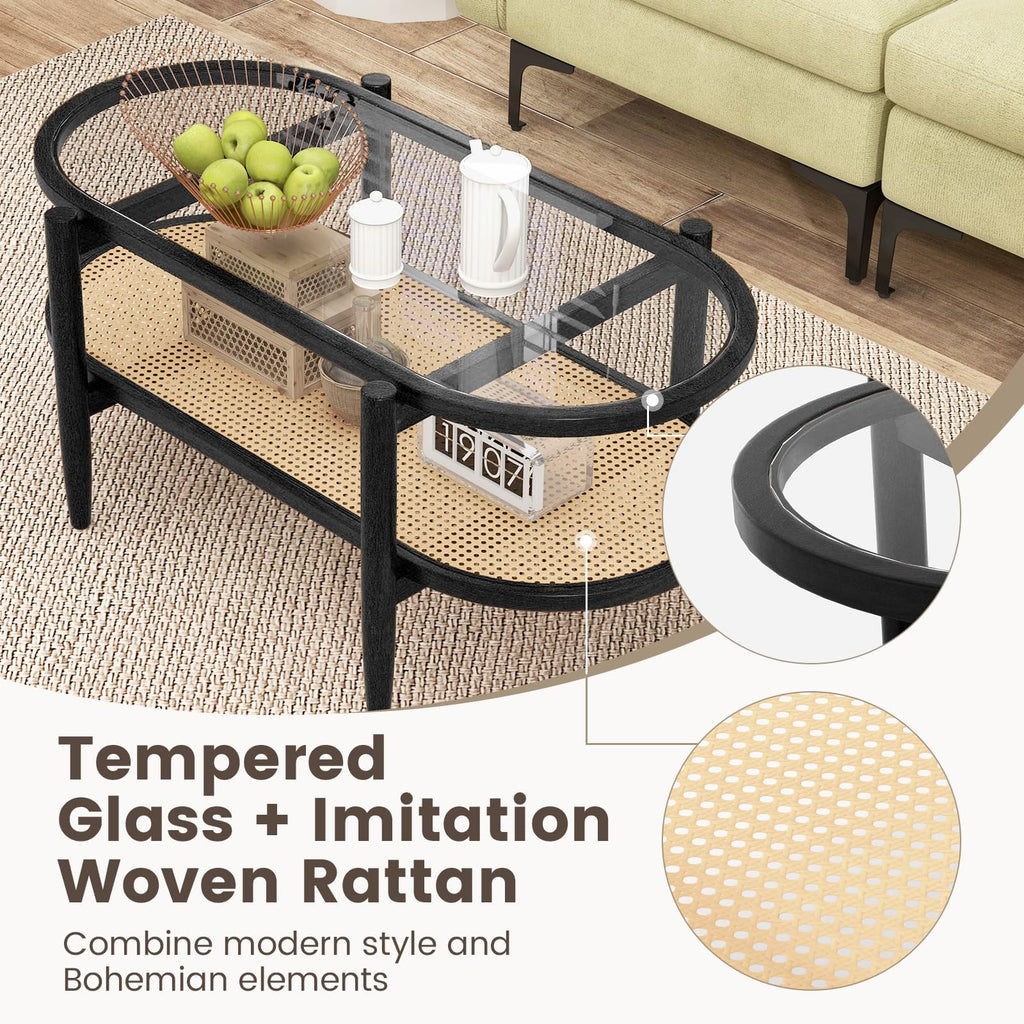 Rattan Coffee Table, 40"L Boho Oval Acacia Wood Cocktail Table with Tempered Glass Tabletop & PE Rattan Storage