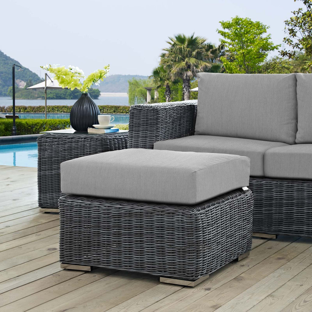 Summon Wicker Rattan Outdoor Patio Sunbrella Square Ottoman in Canvas Gray