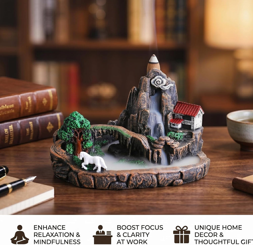 Mountain Waterfall Incense Burner, Resin Backflow Incense Holder with 60 Upgraded Incense Cones, Incense Waterfalls