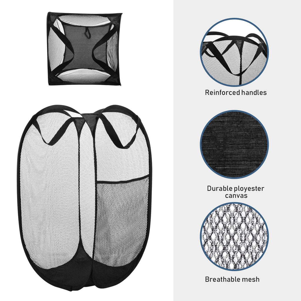 Mesh Popup Laundry Hamper, 2pcs Mesh Laundry Basket Collapsible with Side Pocket and Reinforced Handles, Solid Bottom