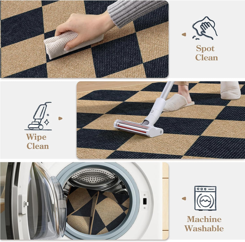Checkered Easy Jute 5x7 Outdoor Rug, Black Washable Rugs 5x7 Neutral Indoor Outdoor Carpet, Non Slip Stain Resistant