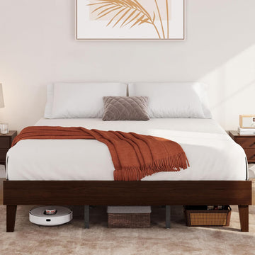Solid Wood Platform Bed Frame Low-Profile Dark Walnut