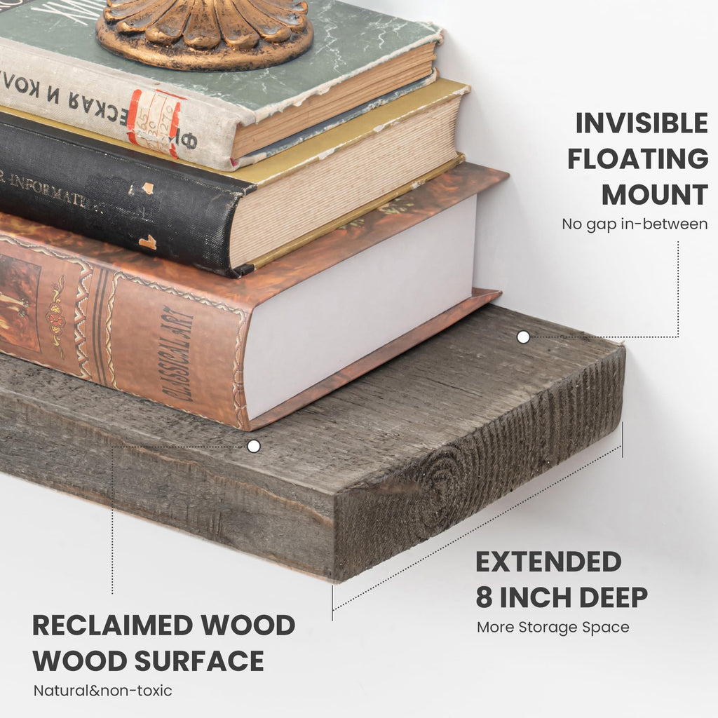 Floating Shelves, 8 Inch Deep Rustic Solid Reclaimed Wood Wall Shelves for Storage, Wall Mounted Display Shelving