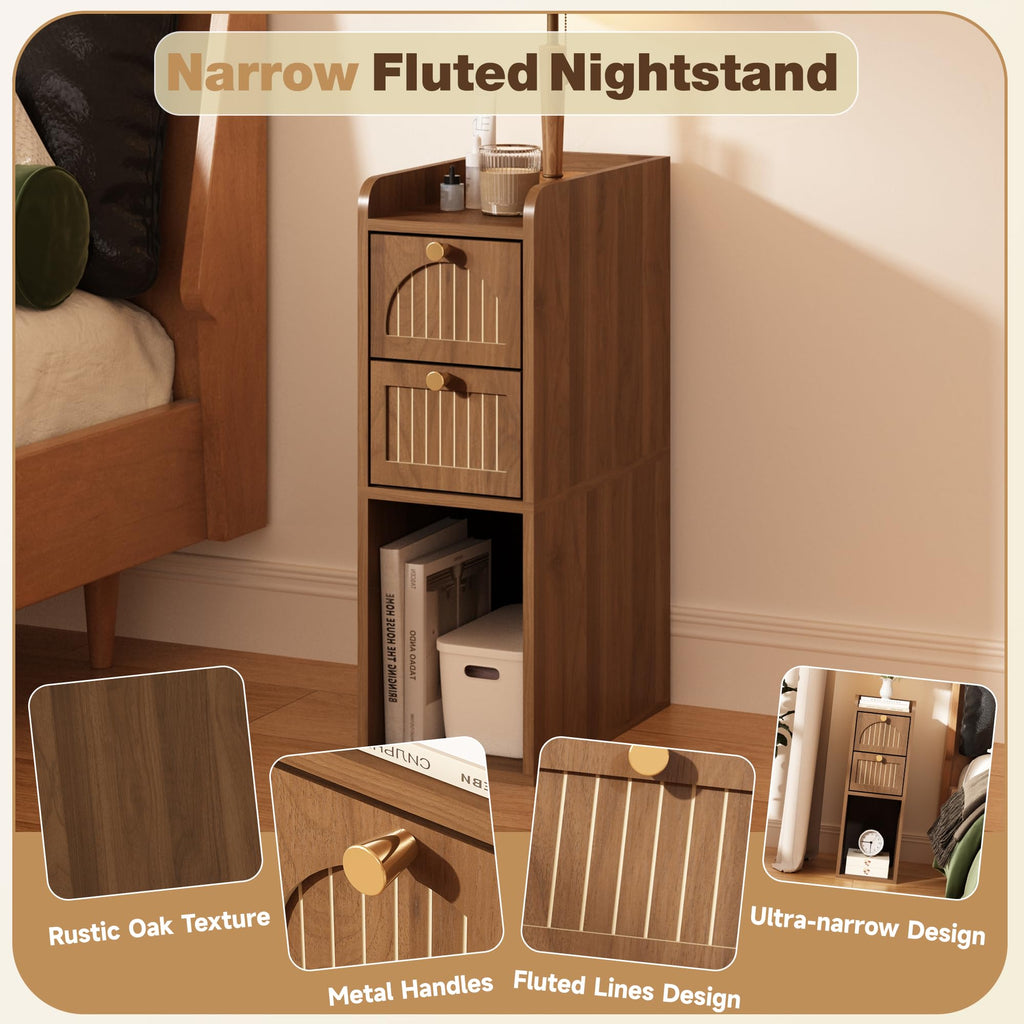 7.87" Narrow Nightstand, Fluted Slim Bedside Table with 2 Drawers, Mid Century Modern Small End Table with Gold Metal