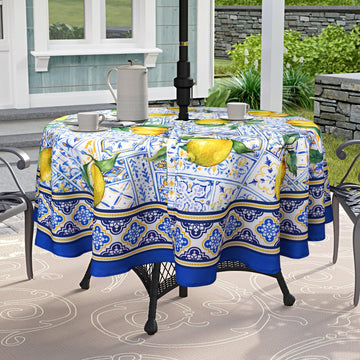 Blue Outdoor Tablecloth with Umbrella Hole for Round Table, Waterproof Lemon Patio Table Cloth with Zipper - 60 x 60