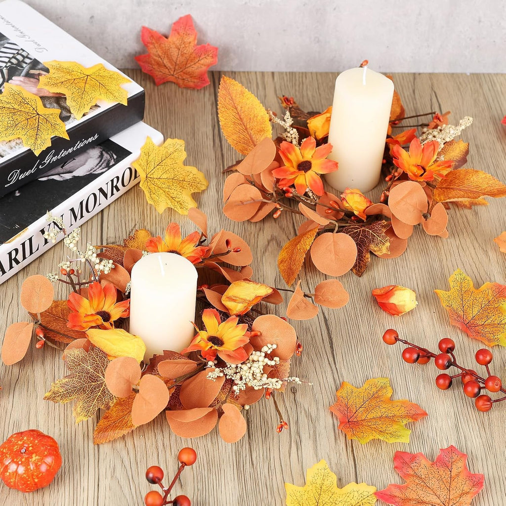 Fall Mini Wreath Set, Artificial Autumn Small Wreaths with Burlap Bow Sunflower Maple Leaf Eucalyptus - Set of 6