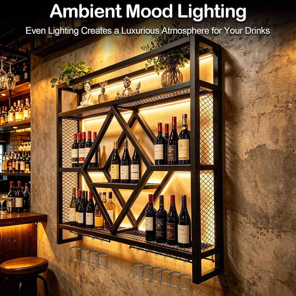 Wall Mounted Wine Rack with LED Light, 39.4in Industrial Metal Wine Bottle Display Shelf with Wine Glass Holder,Large