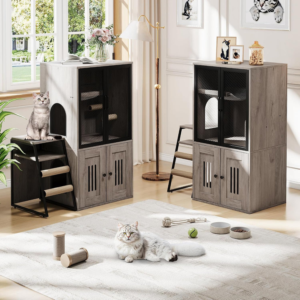 Cat Litter Box Furniture, 2 Tier Enclosed Litter Box Furniture with Doors, Hidden Storage and Ladder, Grey