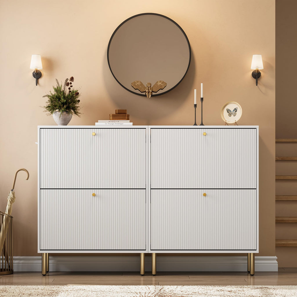 Shoe Storage Cabinet - 2 Flip Drawers Shoe Cabinet with Tiered Fluted Design - Slim Shoe Storage Rack with Gold Legs