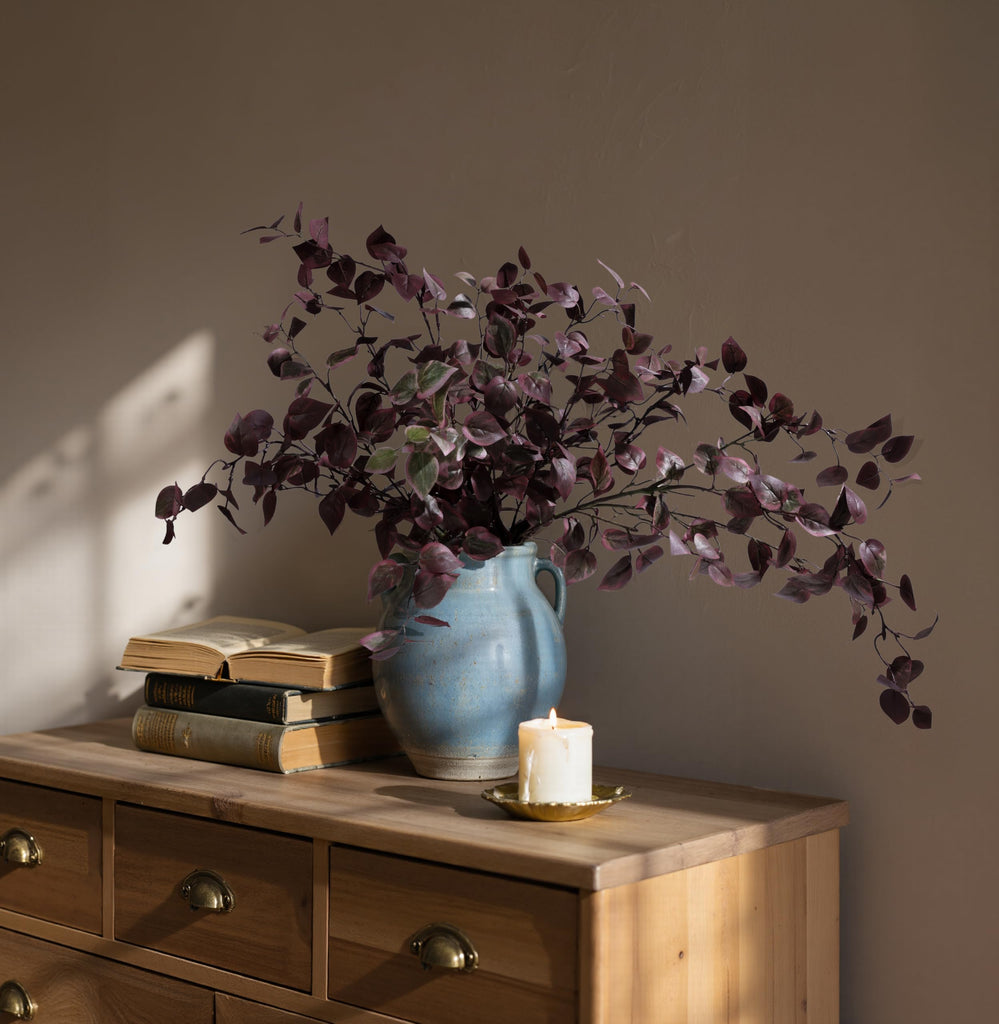 5PCS Artificial Fall Eucalyptus Leaves Stem Plants, 32.7 inch Fake Leaves Autumn Greenery Branches Burgundy Shrubs