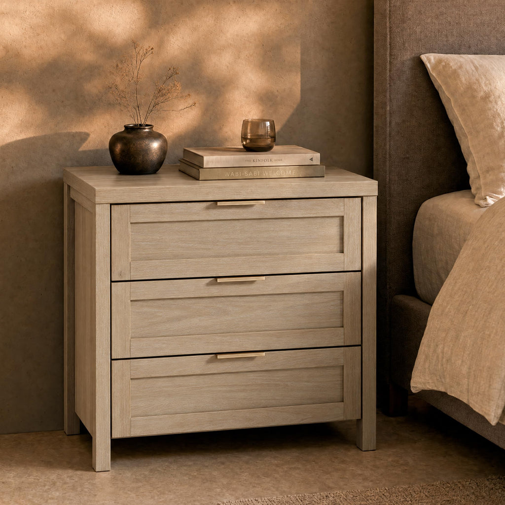 Nightstands Set of 2, 3 Drawer Bedside Table, Light Weathered Oak