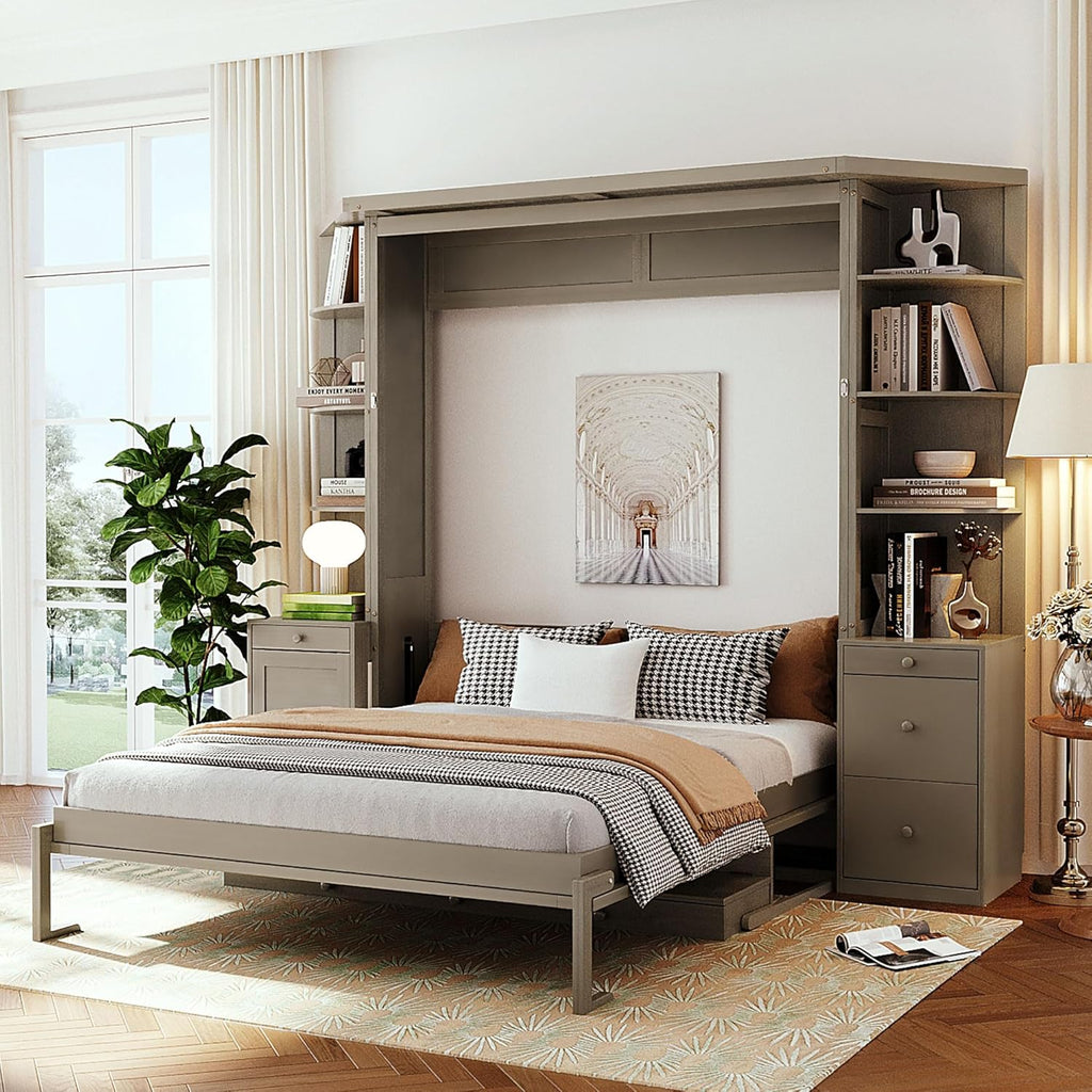 Queen Murphy Bed with Desk and Storage, Hidden Wall Bed with Foldout Workstation, Shelves and Cabinets for